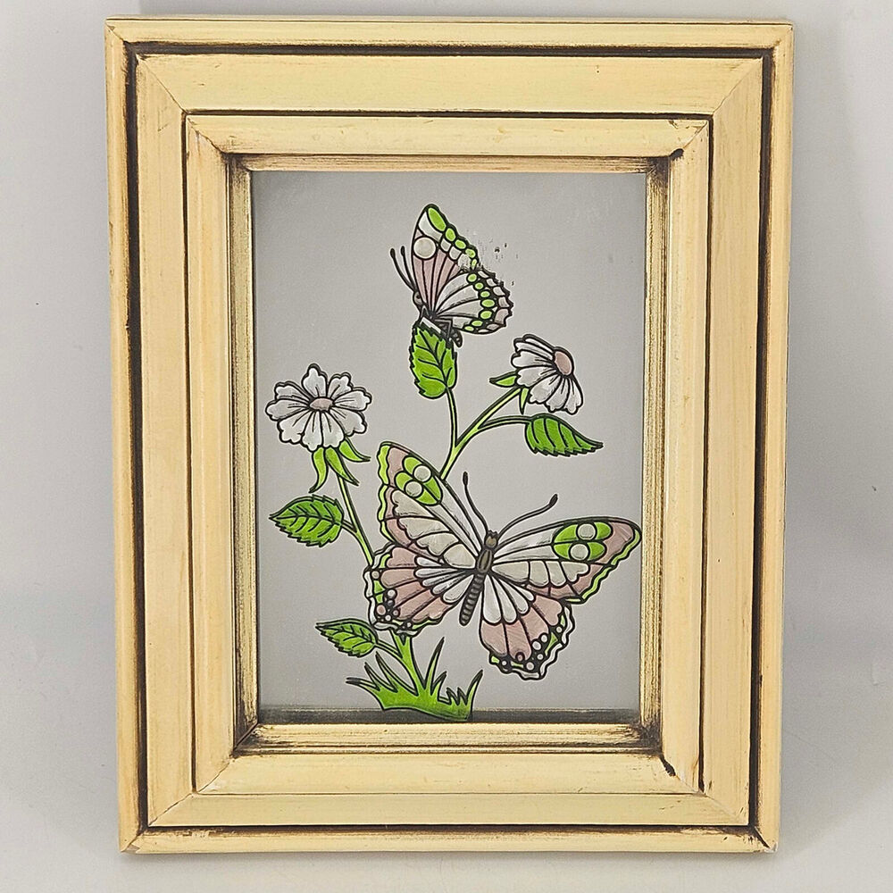 Joan Baker Designs butterfly flower Hand Painted Stained glass mirror Framed